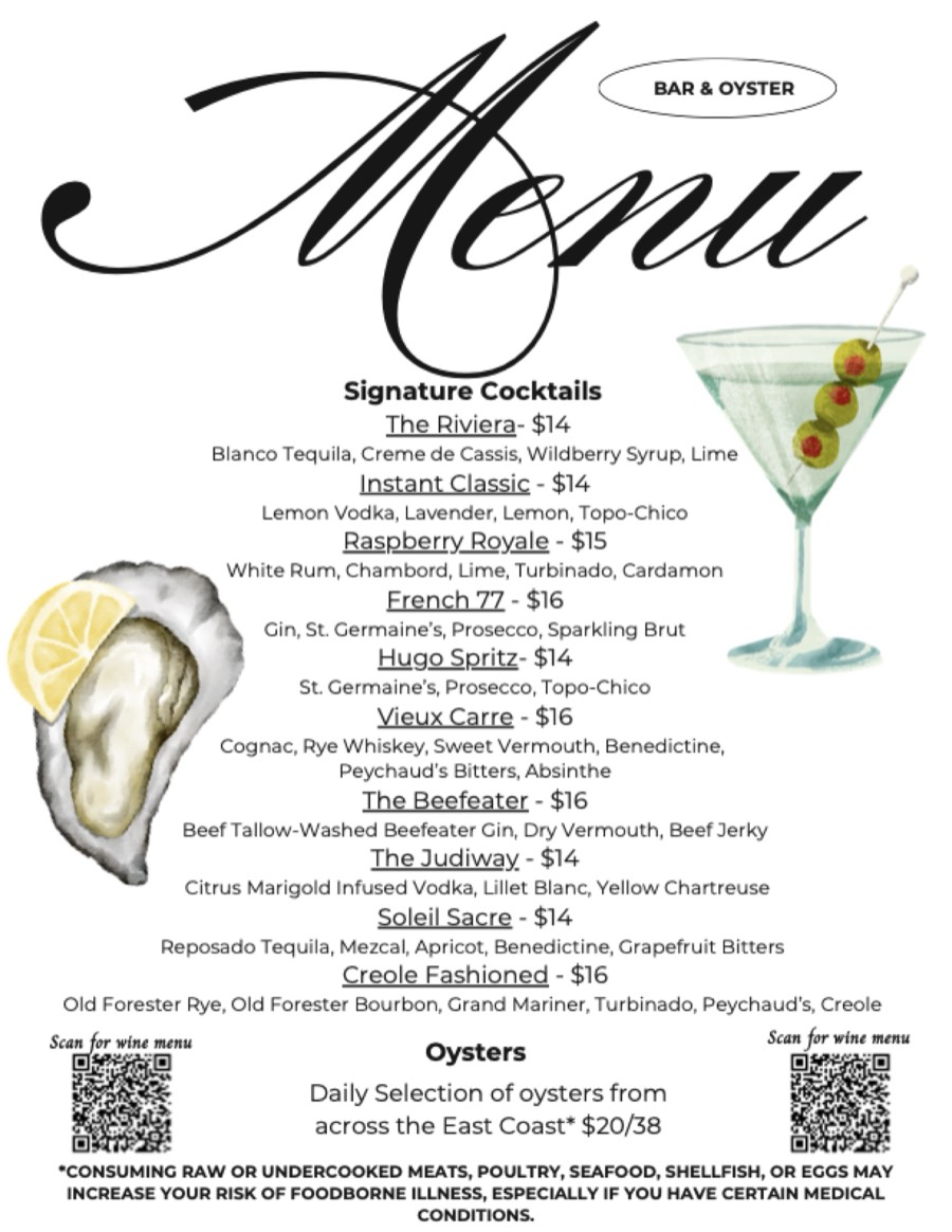 A picture of the printed bar and oyster menu. It lists ten signature cocktails and what goes in each one, and the oysters of the day from the East Coast. At the foot is a code to scan for the wine list.