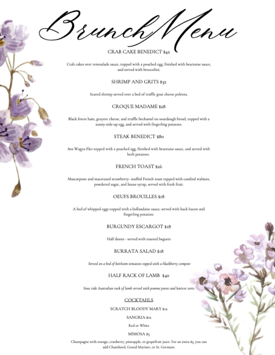 A picture of the printed brunch menu, which is served at the weekend. It lists nine dishes, each with a line saying what is in it. Three brunch cocktails are at the end.