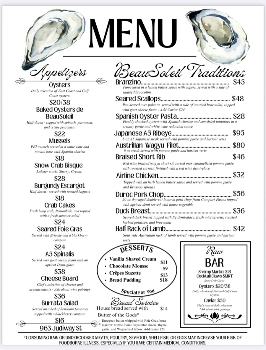 A picture of the printed dinner menu. It lists ten starters, ten main courses, four desserts, a bread service and a raw bar. A price sits beside each one.